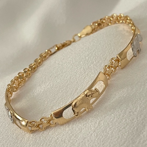 18k Gold Filled Two Tone Filigree Elephants Bracelet - Picture 4 of 7